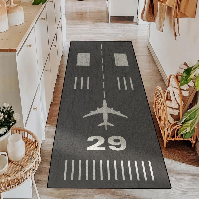 Fume Black Runway-themed Hallway Runner Rug – Stylish Aviation Design ...