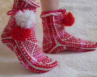 Knitted Red and White Woolen Slippers, Red Knitted socks, Unisex knitted socks