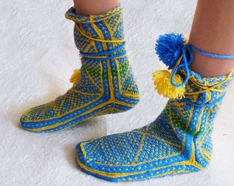 Knitted Blue and Yellow Woolen Slippers, Blue Knitted socks, Unisex knitted socks