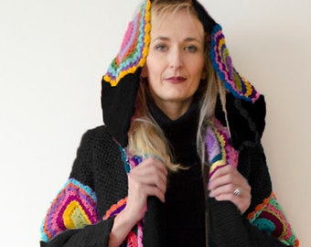 Plus Size Clothing, Long Hooded Black Cardigan -MADE TO ORDER