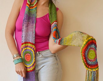 Multicolor Crocheted Circle Scarf, Light Silky Yarn