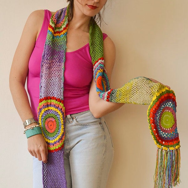 Multicolor Crocheted Circle Scarf, Light Silky Yarn