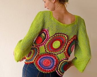 Green Blouse, Top,  Long Sleeved, Multicolored - MADE TO ORDER