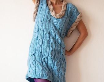 Knitted Blue and Beige Minidress/Tunic