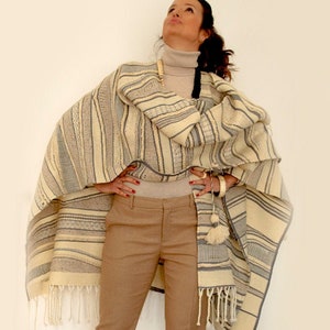 Gray and Beige Handwoven Women's Poncho -READY to SHIP