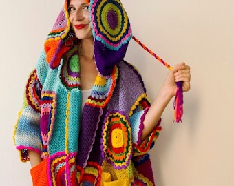 Plus Size Clothing,  Hooded Cardigan, Wearable Art, Boho Sweater, Oversized Sweater,OOAK