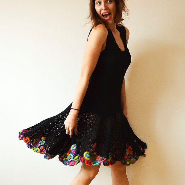 Black Crochet Summer Dress - Flower Trim - Trendy - MADE TO ORDER