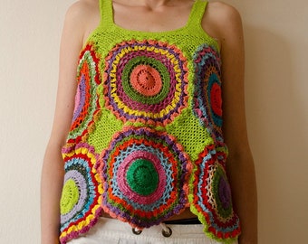 Sixties Hippie Crocheted Retro Multicolor Top - MADE TO ORDER