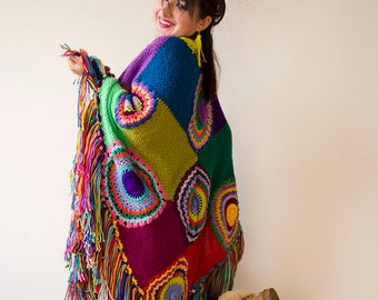 Plus Size Clothing, Poncho, Women Cape, Boho Multicolored-Made to Order