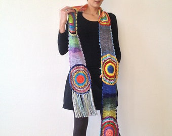 Multicolor Crocheted Circle Scarf, Light Silky Yarn