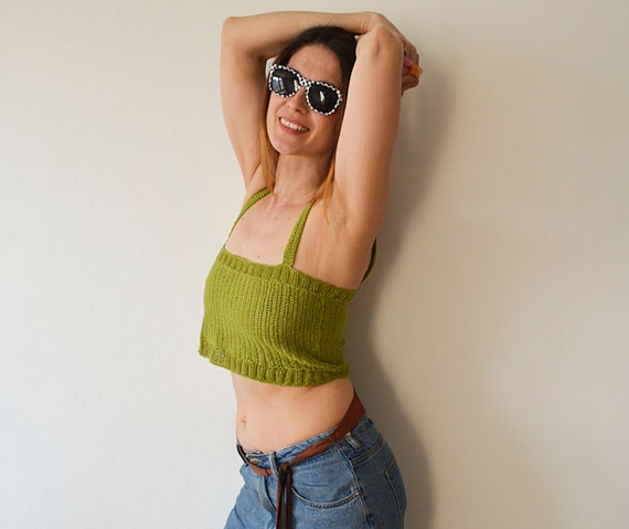 Green Linen Square Neck Crop Top, Tank Top Size S, READY to SHIP