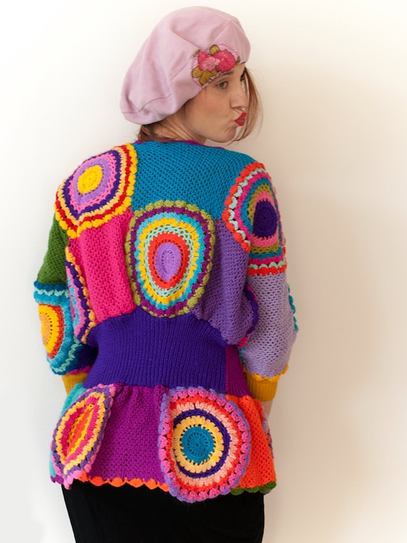 Women's Cardigan Sweater with Crochet Circles MADE TO ORDER