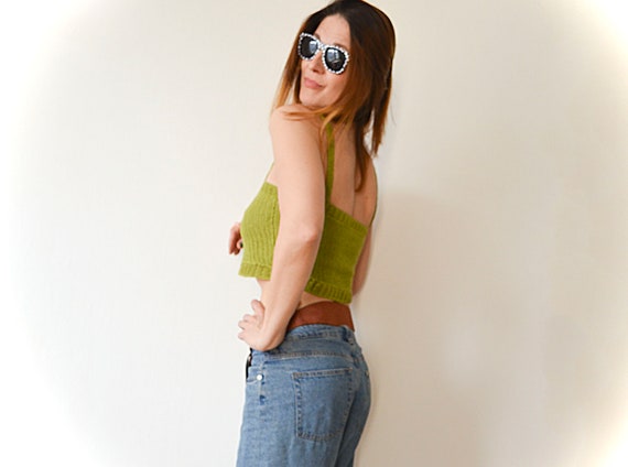 Green Linen Square Neck Crop Top, Tank Top Size S, READY to SHIP