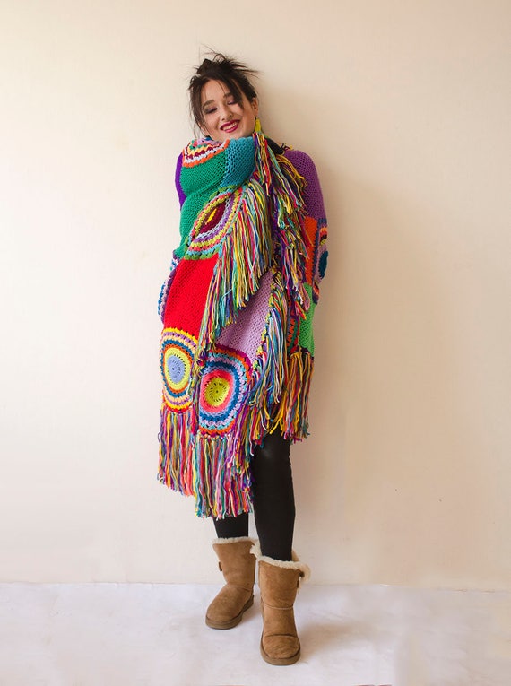 Plus Size Clothing, Poncho, Women Cape, Boho Multicolored-made to Order 