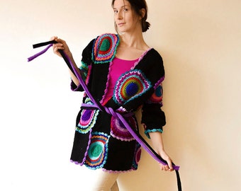 Plus Size Clothing, Multicolor Crocheted Cardigan, Black and Purple - MADE TO ORDER