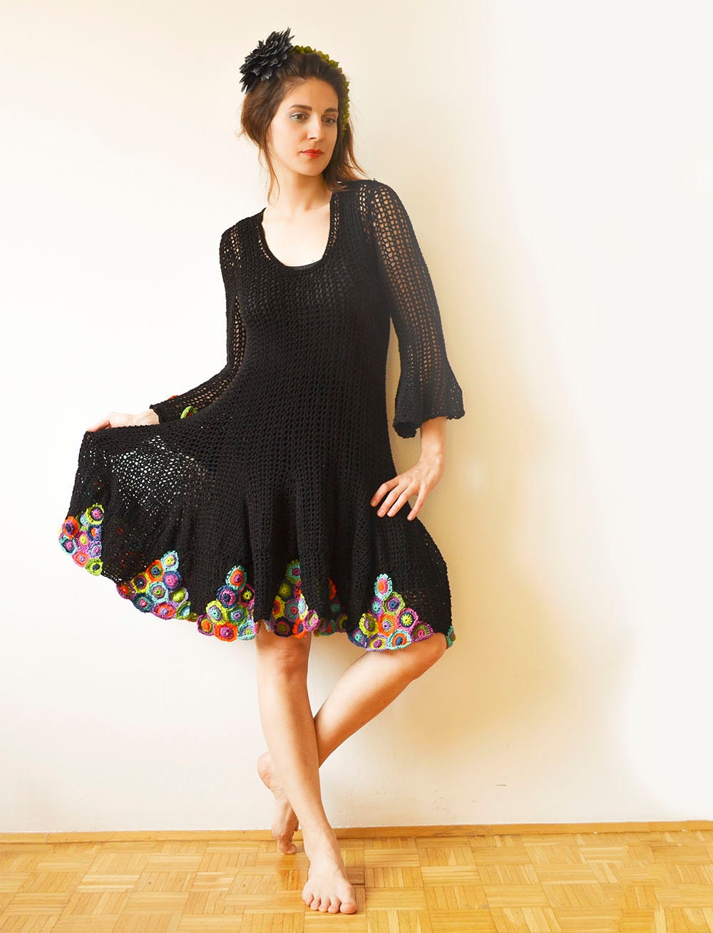 Black Summer Hand Crochet Mini Dress