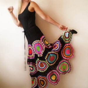 Flamenco skirt, Plus size clothing Long Black Skirt with crochet circles - MADE TO ORDER