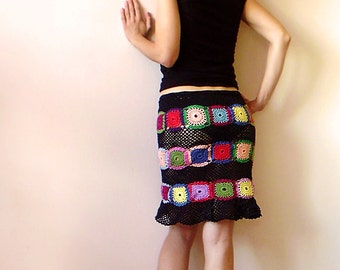 Women's Skirt - Black with Multicolor Squares - MADE TO ORDER