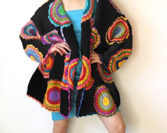 Plus Size Clothing, Oversize Cardigan, Sweater, Plus Size, Long Sleeved Cardigan, Womens Clothhing, Rainbow, Black, MADE TO ORDER