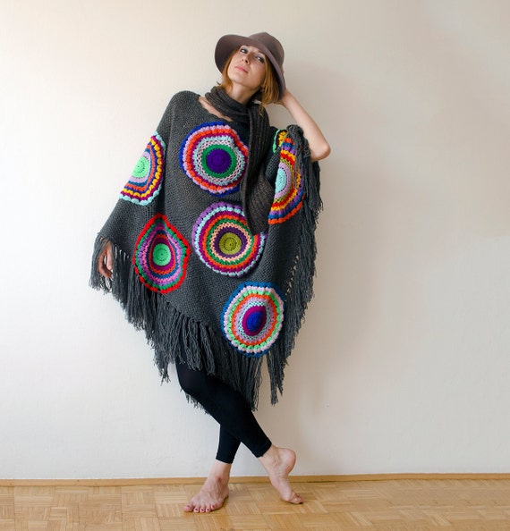 Gray Knit Poncho, Plus Size Clothing MADE TO ORDER Plus Size