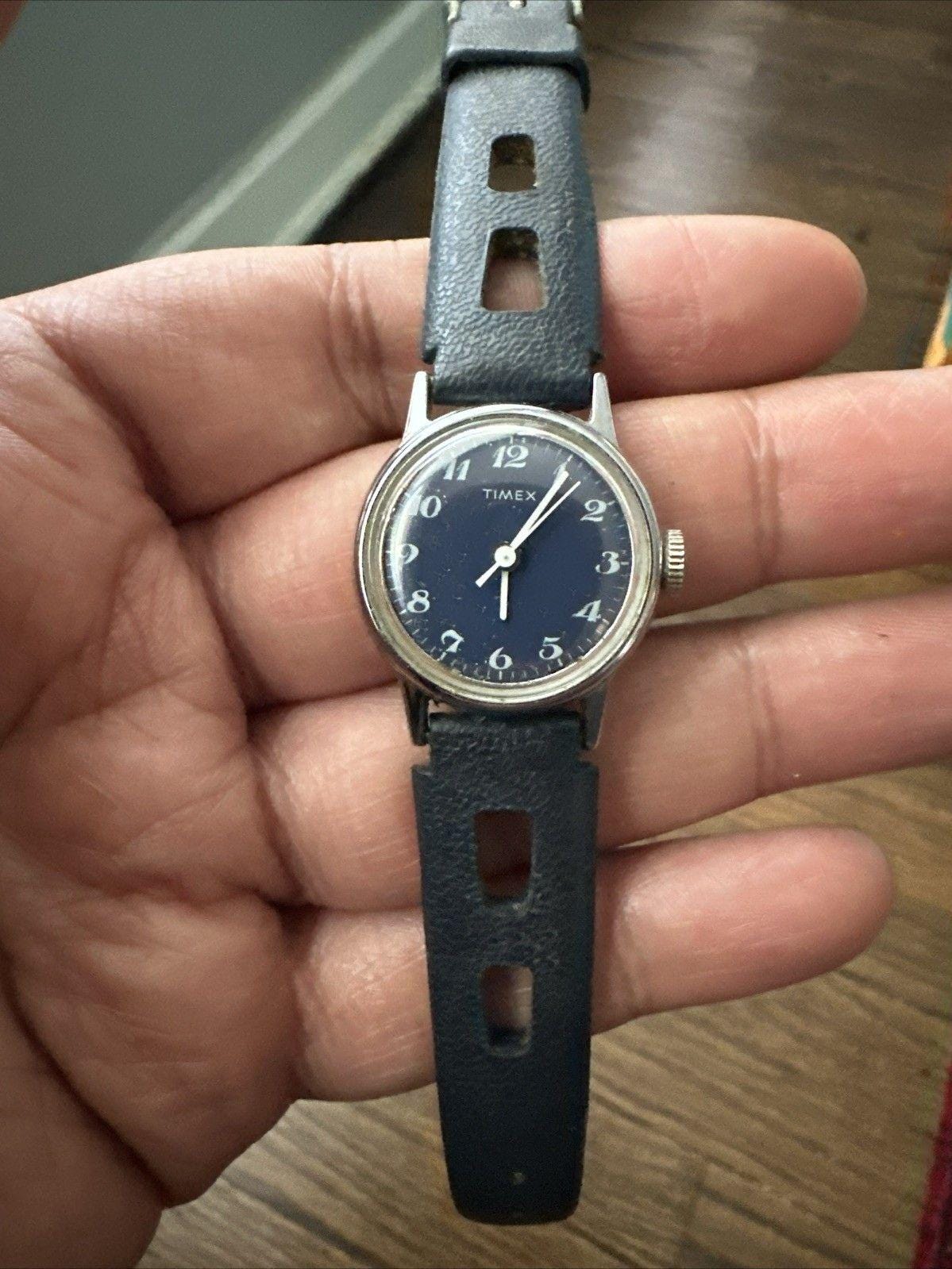 Timex Ladies Watch Vintage Mechanical Winding New Blue Strap White Round Dial Vintage Timex Ladies 24mm Watch Mechanical Windup Silver  main image 3