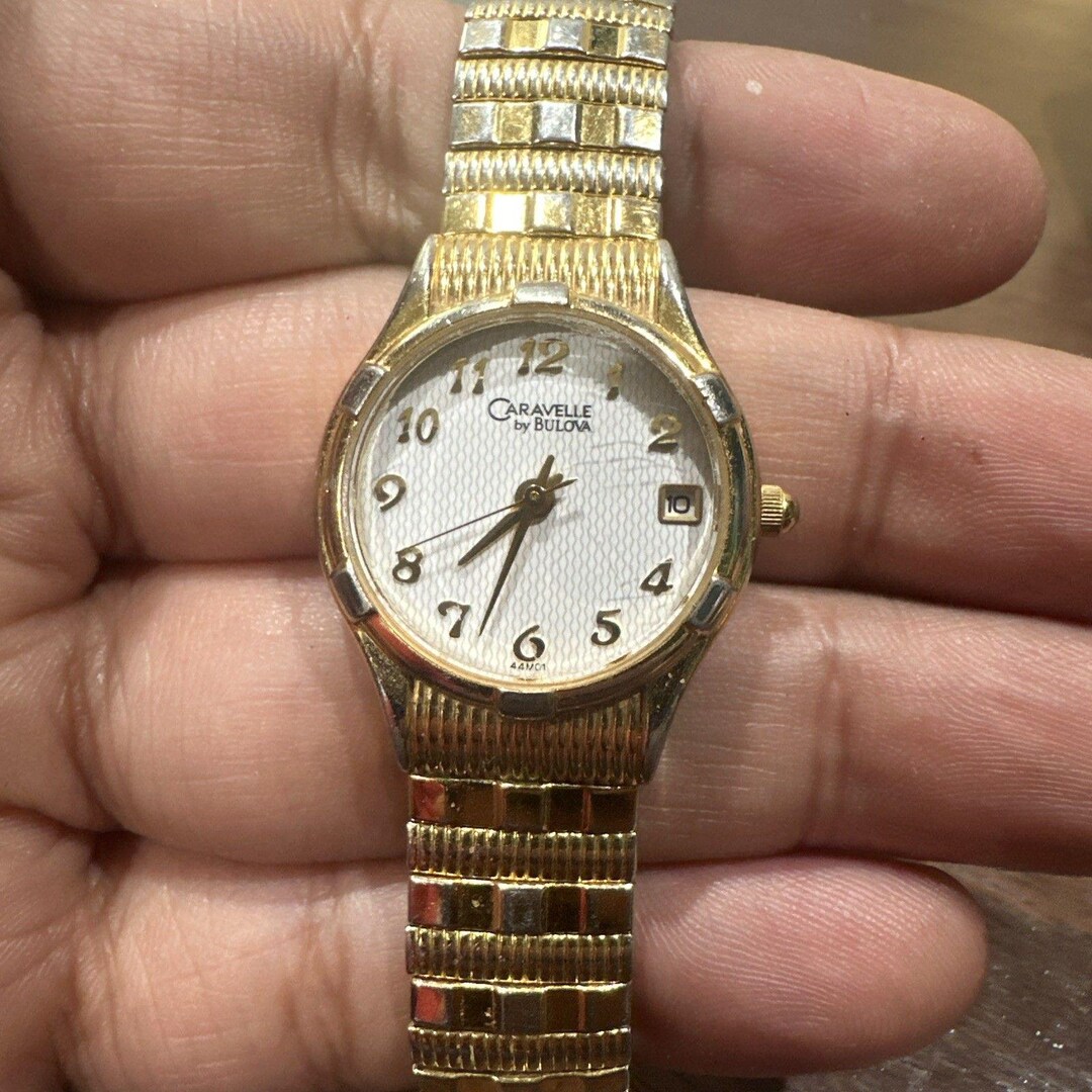 NTOW Caravelle By Bulova Women’s Watch Gold Gemmed Bezel White Leather Band S/M Caravelle Bulova Diamond Bezel White Dial Gold Vintage  main image 2