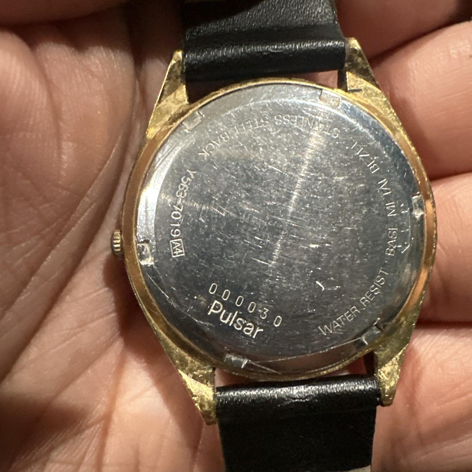 Vintage Pulsar Gold Tone Tank Watch 33mm Day Date Black Leather w New Battery Working Vintage PULSAR Gold Tone 36MM DAY Date Quartz Watch  main image 2