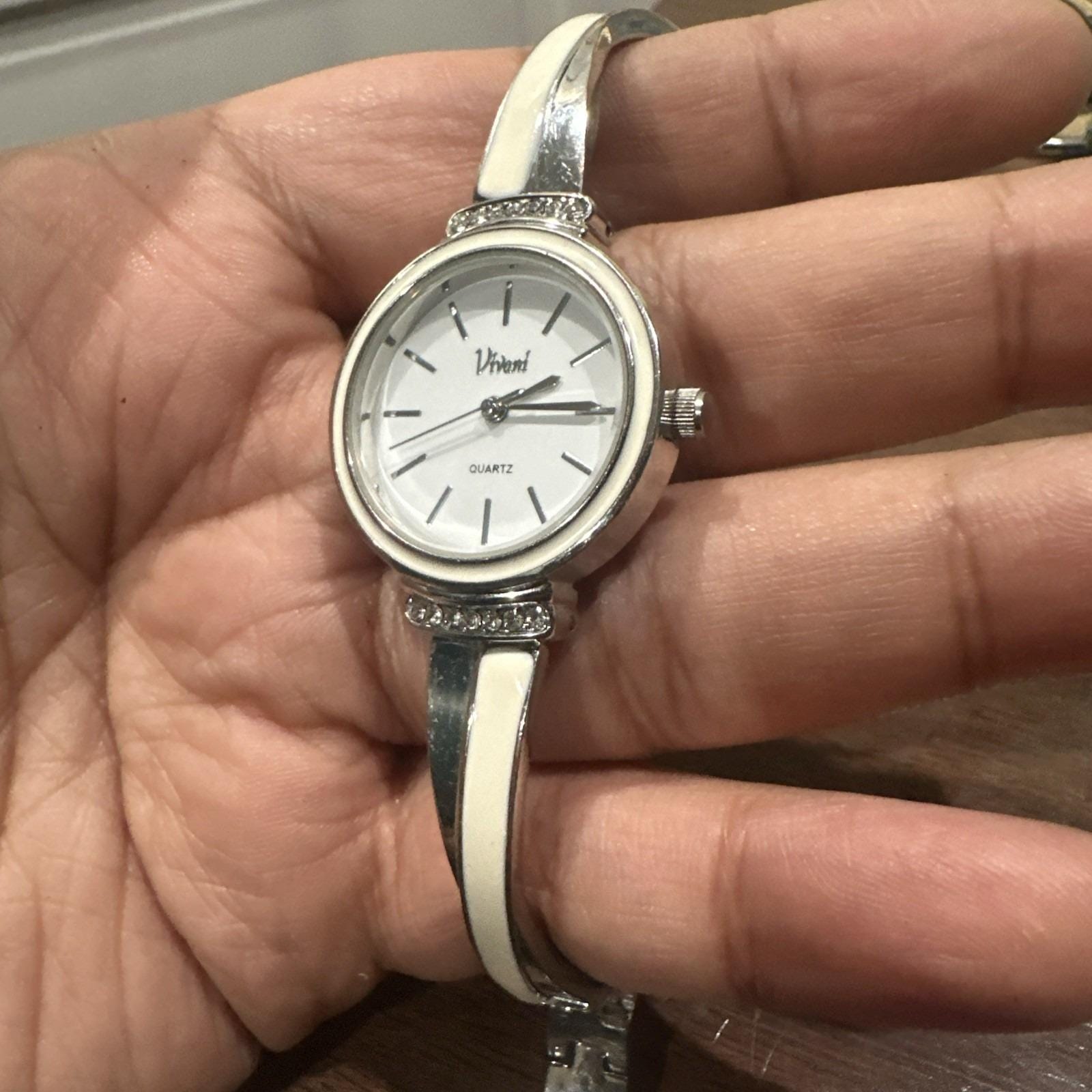 Women\'s Silver Tone Vivani Watch, Ivory Tone Bezel, White Poly Band Vintage Women Vivani Watch Silver Tone Cuff Watch Rhinestone  main image 3
