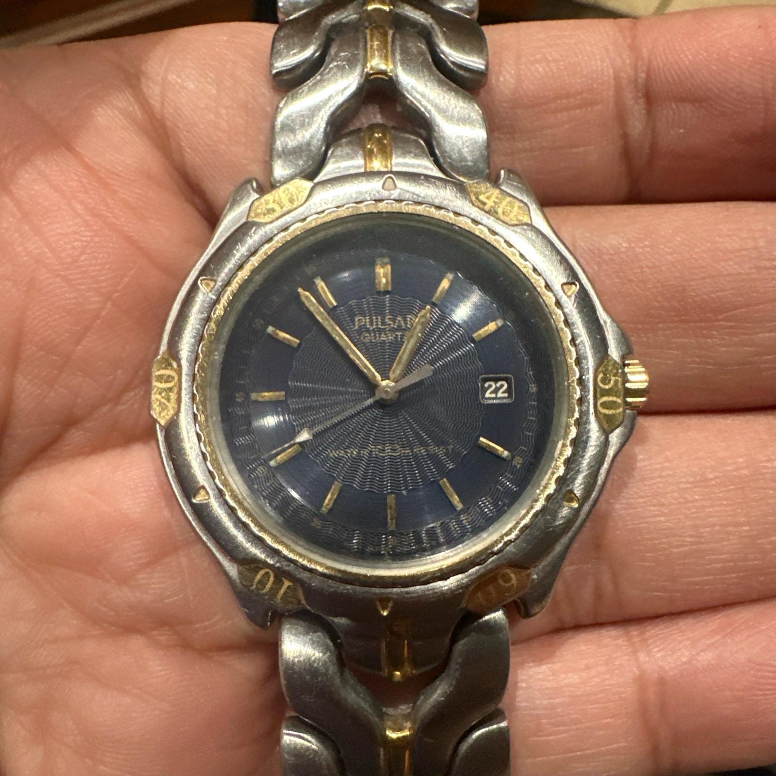PULSAR by Seiko V722 Mens Watch 2 Tone Date Blue Dial Repairfree