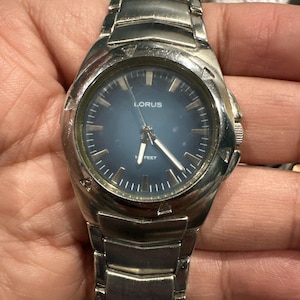 Working Mens LORUS Watch Blue Dial Silver Steel Band 36mm 100FWR For Small Wrist