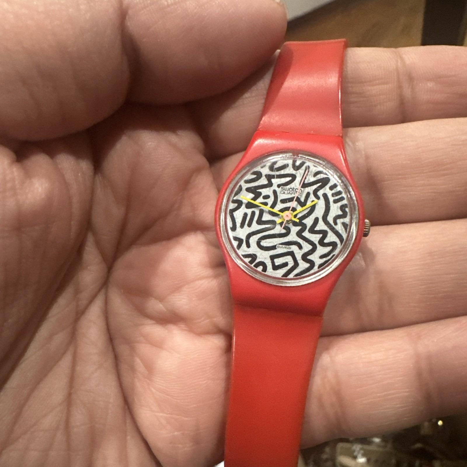 Works Vintage SWATCH Red 25mm Women's Squiggly Watch 1984 Keith