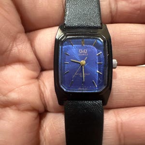 Running Q&Q Black Unisex Quartz Sports Watch With Blue Dial Rectangle Leather