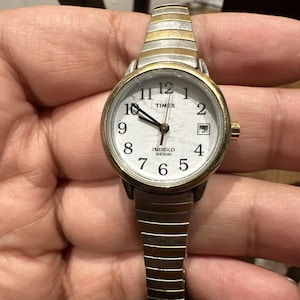 Working Vintage Timex Indiglo Two Tone Expansion Ladies Watch Band Date 25mm
