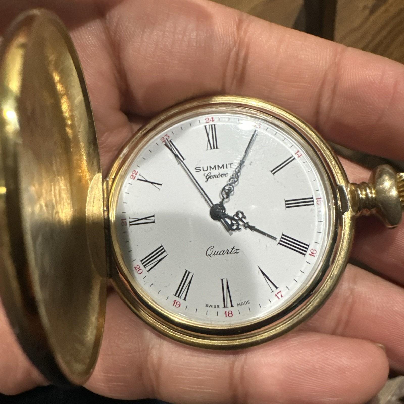 Vintage Summit Geneve Swiss Quartz Pocket watch Gold Tone Rare 47mm For Repair‎ Vintage Summit Geneve Swiss Quartz Pocket Watch Gold Tone  main image 2