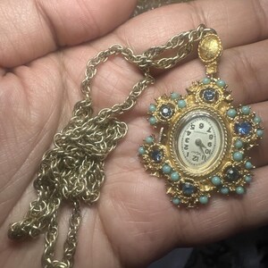 Working Vtg Wyler Pendent Necklace Watch Gold Tone Turquoise Stones Wind Up Read Vintage Watch Necklace In Antique Pocket Watches for sale | eBay main image 4
