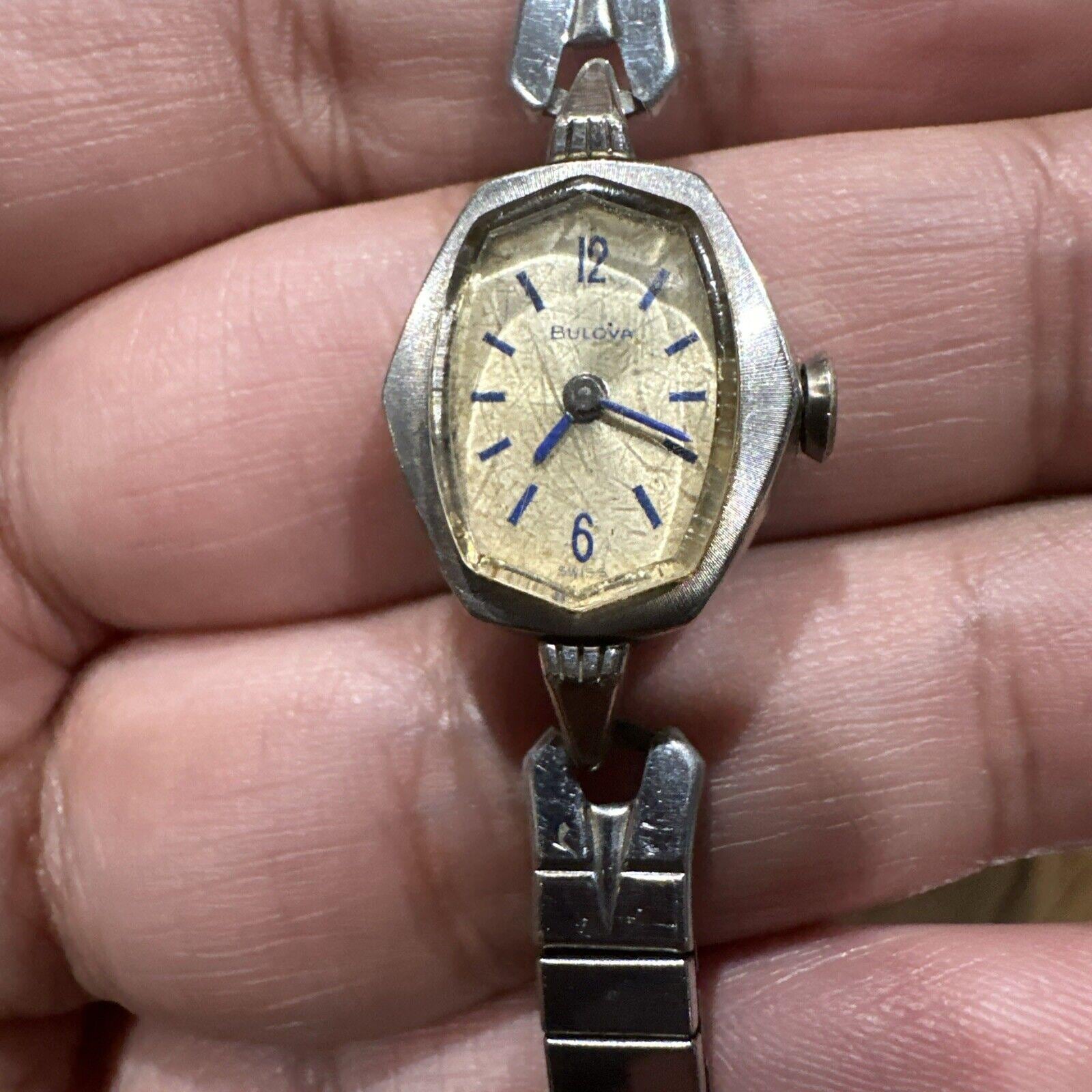 RUNS 1966 Ladies' Swiss Bulova Watch N6 10K RGP Bezel Blue Stick