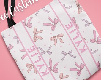 Personalized Coquette Pink Bow Tote Bag – Custom Name Aesthetic Gift, Cute Cottagecore Shoulder Bag for Girls, Teens & Women