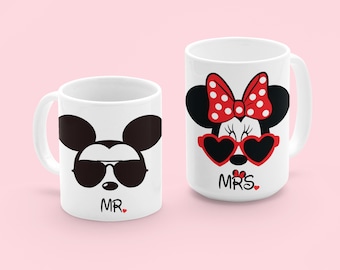 Set Mr and Mrs Mickey Minnie Mouse Paar Becher, Paar Liebhaber Geschenk, Geschenk von Him und Hers Kaffeetasse, Hochzeit, Jubiläum, Valentinstag