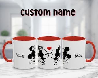 Prénom personnalisé Mickey et Minnie, cadeau personnalisé, couple Disney mignon, tasse à café, mug romantique, Saint-Valentin, anniversaire de mariage