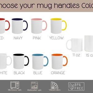 May include: White ceramic mugs with colored handles and interiors in red, navy, pink, yellow, black, blue, and orange. The text "Choose your mug handles Color" is at the top. Sizes include 11 oz and 15 oz. The mugs are microwave and dishwasher safe.