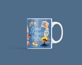 Retro Tropical Summer Beach Vibes Ceramic Coffee Mug Fun Ocean Tea Cup Chill Vibes Beach Love Gift For Her Cute Retro Beach Coffee Cup