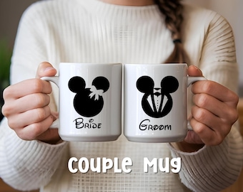 Set Mickey and Minnie Mouse Ears Couple Mug, Bride and Groom Designs , Valentine Day ,Wedding Gift, Anniversary Present, Coffee Cup, Tea Mug