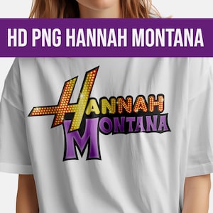 May include: White t-shirt with a purple and yellow graphic design that says "Hannah Montana".