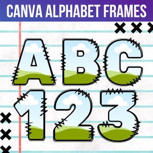 Canva Frame Doodle Alphabet UPPERCASE, and Numbers, Editable Canva Letters template Custom Fill Pattern, Canva Frame Designs