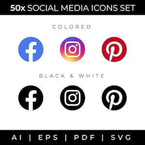50x Social media Icons Svg Pdf, Black and Colored Media Icons Vector Digital Download