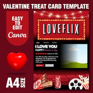 Plantillas de tarjetas de regalo para el Día de San Valentín inspiradas en Netflix, plantilla de tarjeta Loveflix Canva, regalo de Navidad, listo para imprimir, plantilla Canva