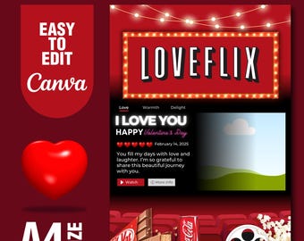 Netflix inspired Couples Valentines Day treat card templates, Loveflix card template Canva, Christmas Gift, print ready, Canva Template