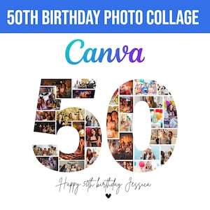 Sjabloon fotocollage 50e verjaardag, collage nummer 50, collage 50, aangepast cadeau voor haar, 50e verjaardag, collage nummer, canvassjabloon