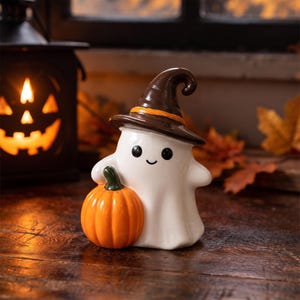 May include: A white ceramic ghost figurine wearing a brown pointed witch hat with an orange band. The ghost has black eyes and a small smile, and it is holding a bright orange pumpkin with a green stem in its right hand, creating a festive look.