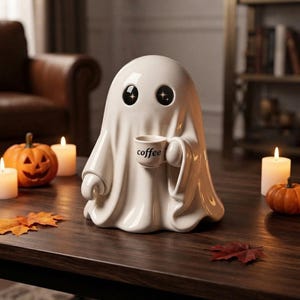 May include: A glossy white ceramic ghost figurine featuring large black eyes with star-shaped highlights. The ghost is holding a small white mug with the word coffee printed in black lettering on the front, creating a decorative tabletop piece.